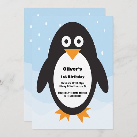 Invitation d'anniversaire à thème Penguin (Devant / Derrière)