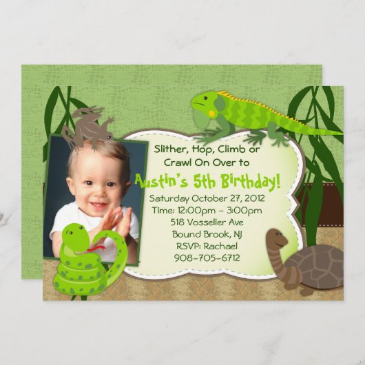 Invitation d'anniversaire à thème Reptile (Devant / Derrière)