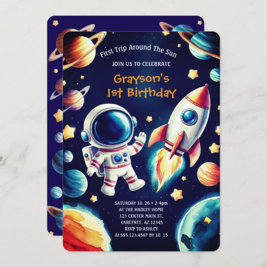 Invitation d'anniversaire à thème spatial personna (Devant / Derrière)