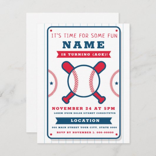 Invitation d'anniversaire à thème sportif : Baseba (Devant / Derrière)