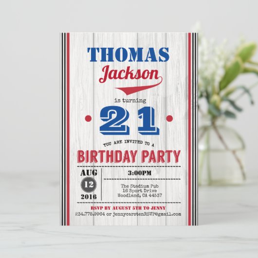 Invitation d'anniversaire adulte de baseball. Bois (Debout devant)