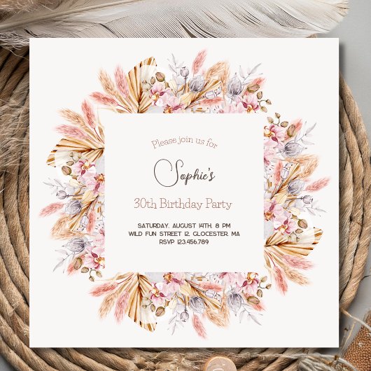 Invitation d'anniversaire adulte fleurs boho