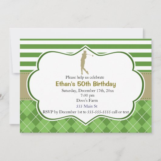 Invitation d'anniversaire adulte golf vert et or (Devant)