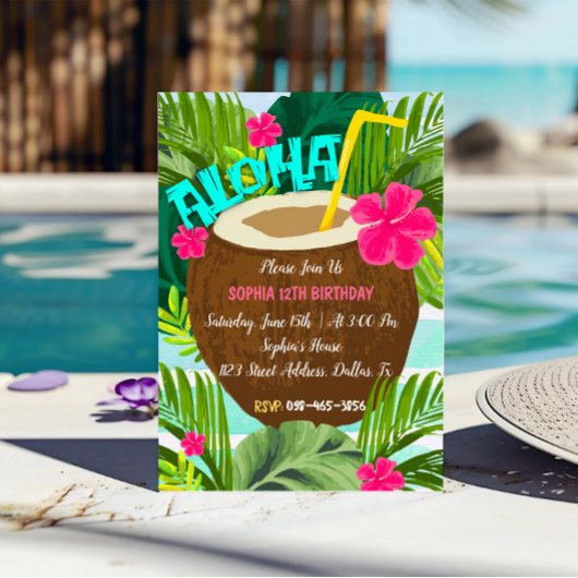 Invitation d'anniversaire Aloha Cocotier Tropical