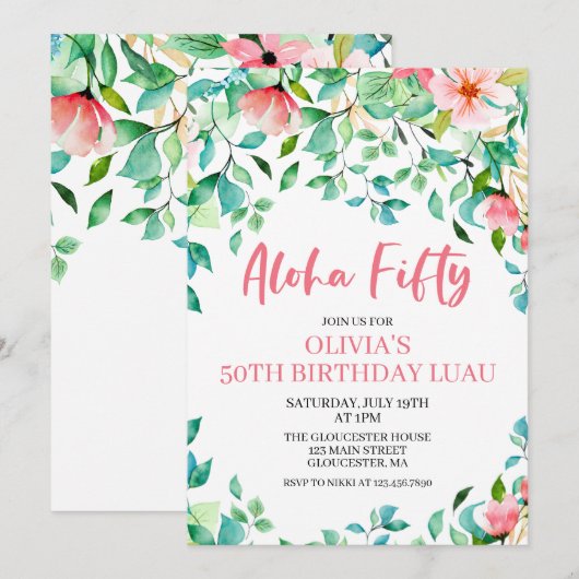 Invitation d'anniversaire Aloha Fifty Tropical 50è (Devant / Derrière)