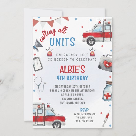 Invitation d'anniversaire ambulance Premier interv (Devant)