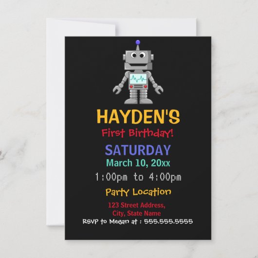 Invitation d'anniversaire amusant robot pour un pr (Devant)