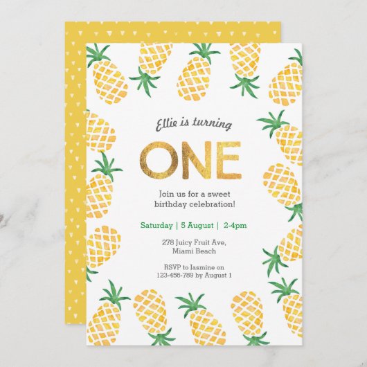 Invitation d'anniversaire | ananas tropical (Devant / Derrière)