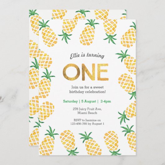 Invitation d'anniversaire | ananas tropical (Devant / Derrière)