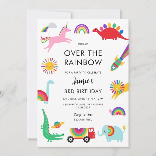 Invitation d'anniversaire Animaux Arc-en-ciel (Devant)