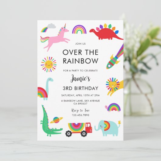 Invitation d'anniversaire Animaux Arc-en-ciel (Debout devant)