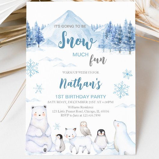 Invitation d'anniversaire Animaux Arctiques Bleus