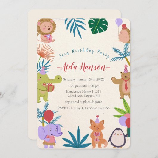 Invitation d'anniversaire Animaux de Fête (Devant / Derrière)