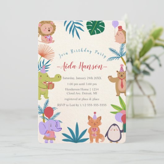 Invitation d'anniversaire Animaux de Fête (Debout devant)