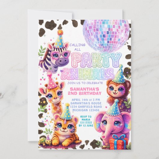 Invitation d'anniversaire Animaux de Fête | Disco  (Devant)