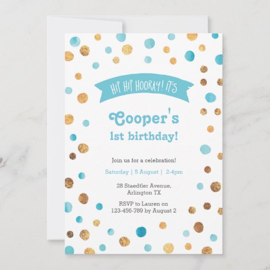 Invitation d'anniversaire | Aqua Bleu et confetti (Devant)