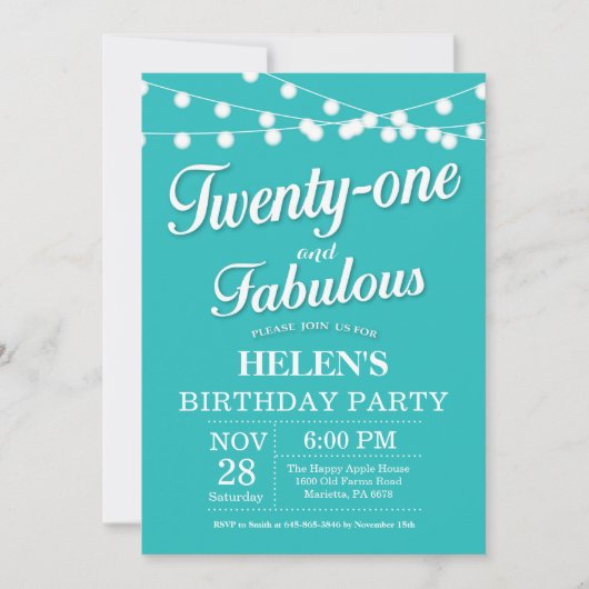 Invitation d'anniversaire Aqua Turquoise Fabulous (Devant)