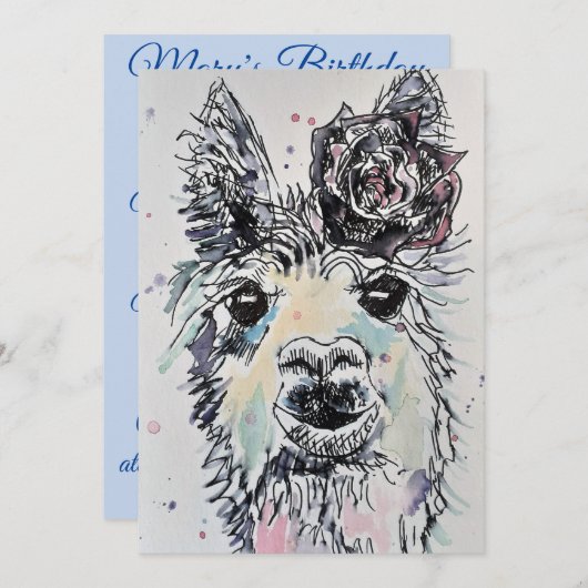 Invitation d'anniversaire aquarelle Alpacca Lama A (Devant / Derrière)