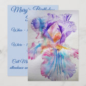 Invitation d'anniversaire aquarelle Iris Rose Viol (Devant / Derrière)