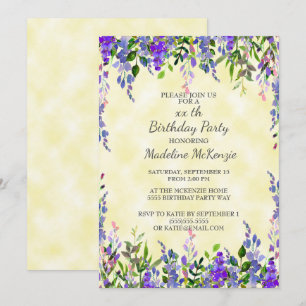Invitation d'anniversaire aquarelle lavande jaune
