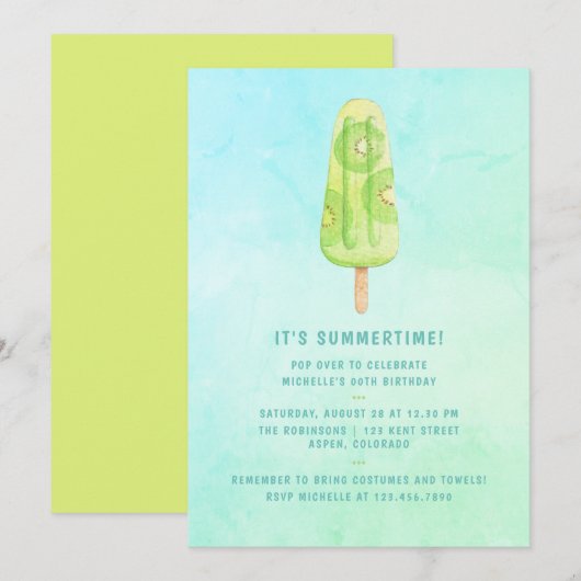 Invitation d'anniversaire aquarelle Popsicle d'été (Devant / Derrière)