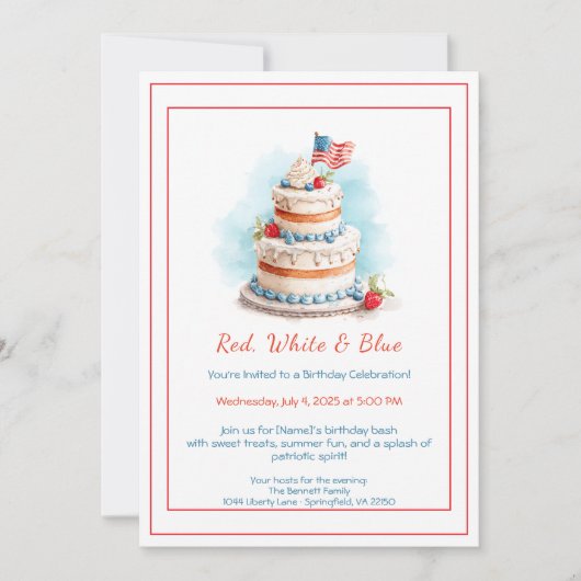 Invitation d'anniversaire aquarelle rouge blanc et (Devant)