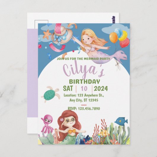 Invitation d'anniversaire aquarelle Sirène Mignonn (Devant / Derrière)