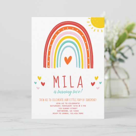 Invitation d'anniversaire arc-en-ciel et soleil (Debout devant)