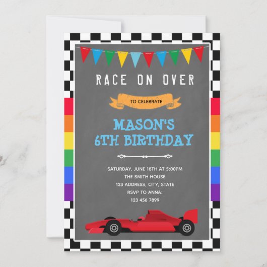 Invitation d'anniversaire arc-en-ciel et voiture d (Devant)