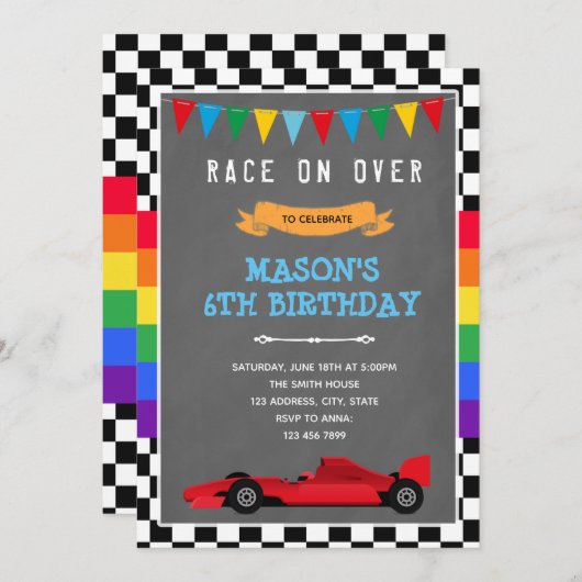 Invitation d'anniversaire arc-en-ciel et voiture d (Devant / Derrière)