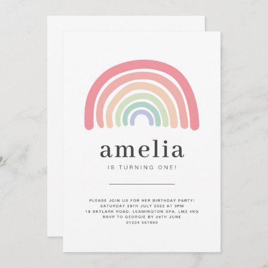 Invitation d'anniversaire arc-en-ciel pastel (Devant / Derrière)