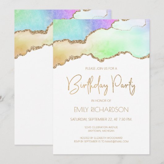Invitation d'anniversaire Arc-en-ciel Pastel Or Ag (Devant / Derrière)