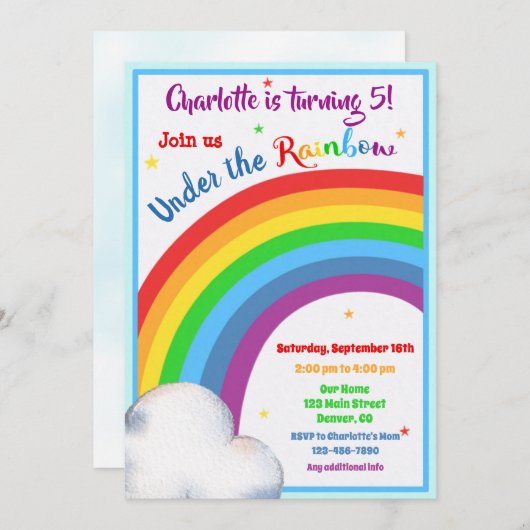 Invitation d'anniversaire Arc-en-ciel Sous l'arc-e (Devant / Derrière)