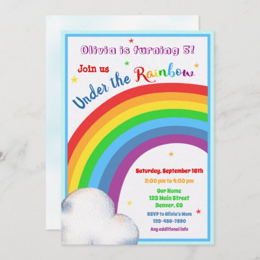 Invitation d'anniversaire Arc-en-ciel Sous l'arc-e (Devant / Derrière)