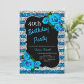 Invitation d'anniversaire Argent Bleu Rayures Pail (Debout devant)