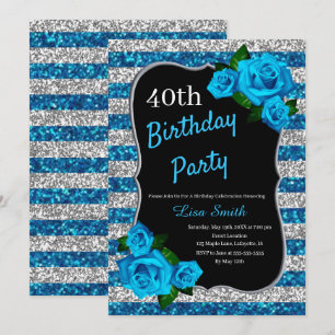 Invitation d'anniversaire Argent Bleu Rayures Pail