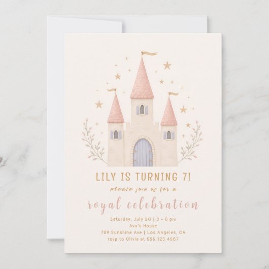 Invitation d'anniversaire au château de princesse (Devant)