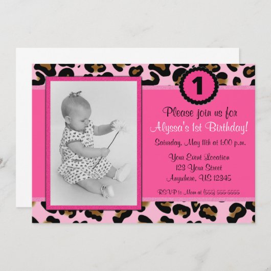 Invitation d'anniversaire au léopard rose (Devant / Derrière)