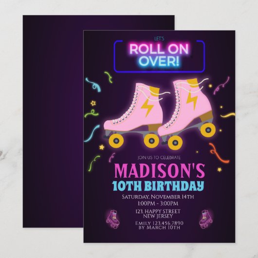 Invitation d'anniversaire au roller néon (Devant / Derrière)