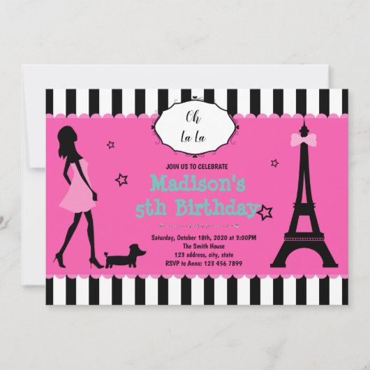 Invitation d'anniversaire au thème de Paris mignon (Devant)