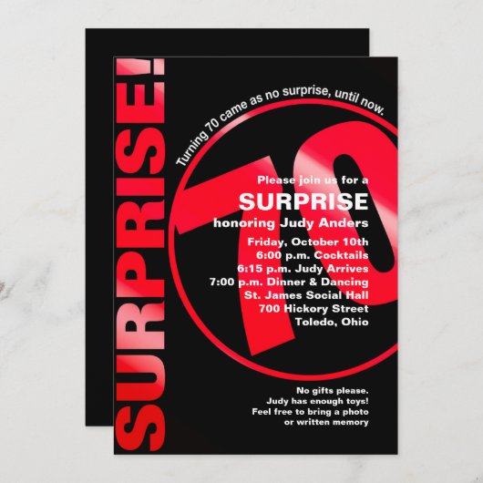 Invitation d'anniversaire audacieuse surprise - 70 (Devant / Derrière)