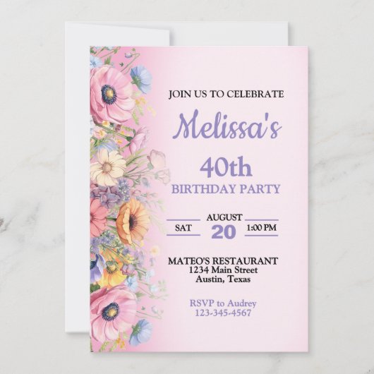 Invitation d'anniversaire aux fleurs pastel Belle (Devant)