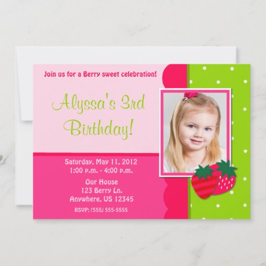 Invitation d'anniversaire aux fraises (Devant)