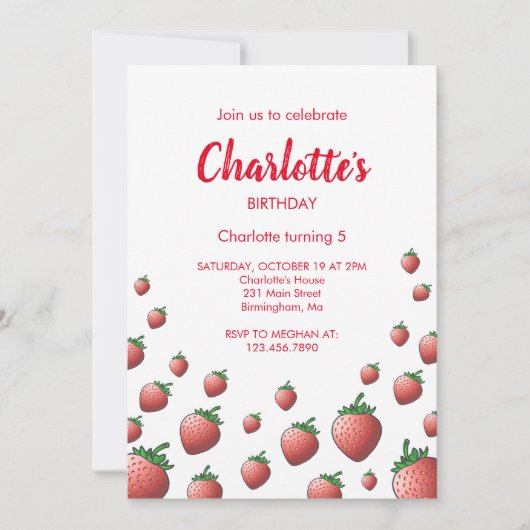 Invitation d'anniversaire aux fraises (Devant)
