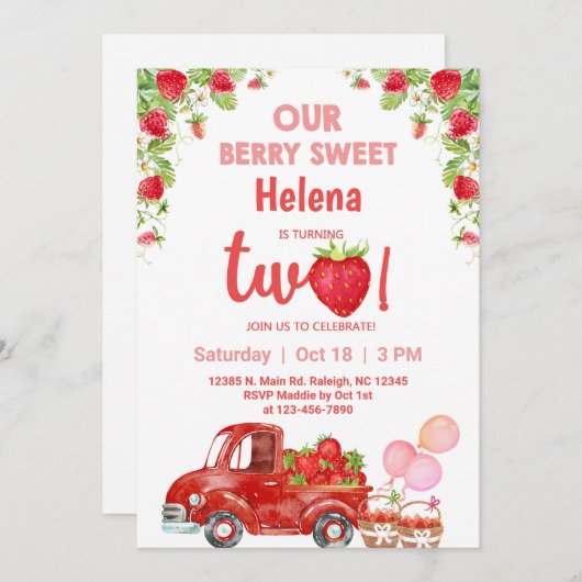 Invitation d'anniversaire aux fraises de baies suc (Devant / Derrière)