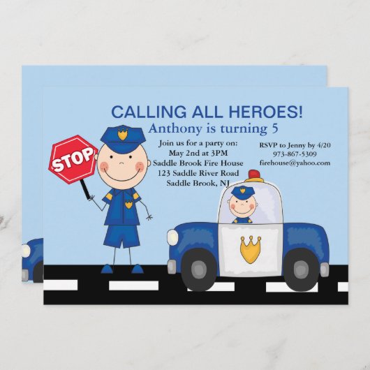 Invitation d'anniversaire aux héros des policiers (Devant / Derrière)