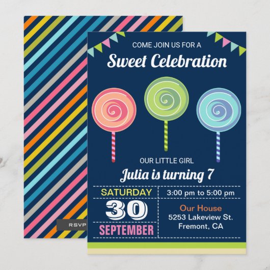 Invitation d'anniversaire aux sucettes colorées et (Devant / Derrière)