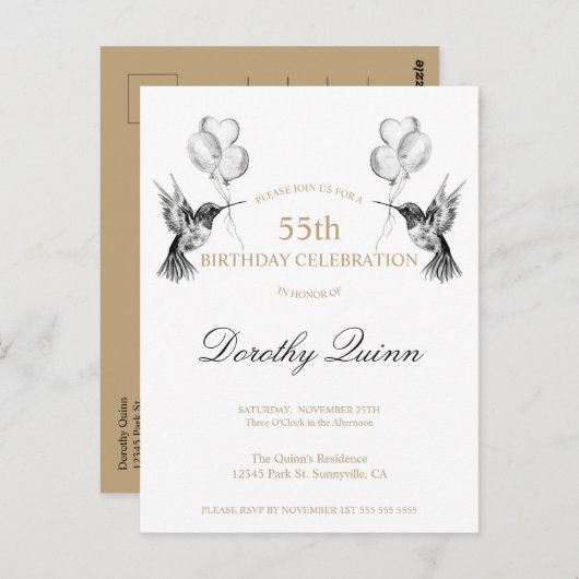 Invitation d'anniversaire avec ballon colibri en a (Devant / Derrière)