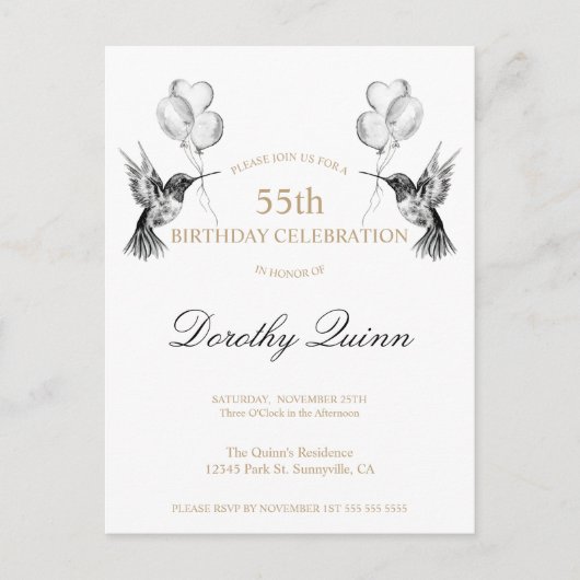 Invitation d'anniversaire avec ballon colibri en a (Devant)