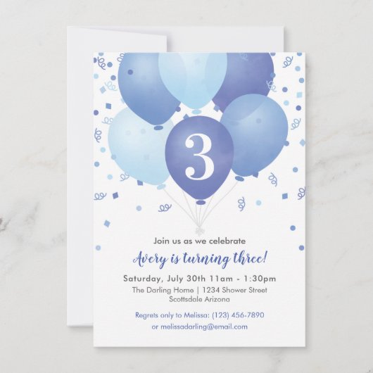 Invitation d'anniversaire avec ballons bleus (Devant)